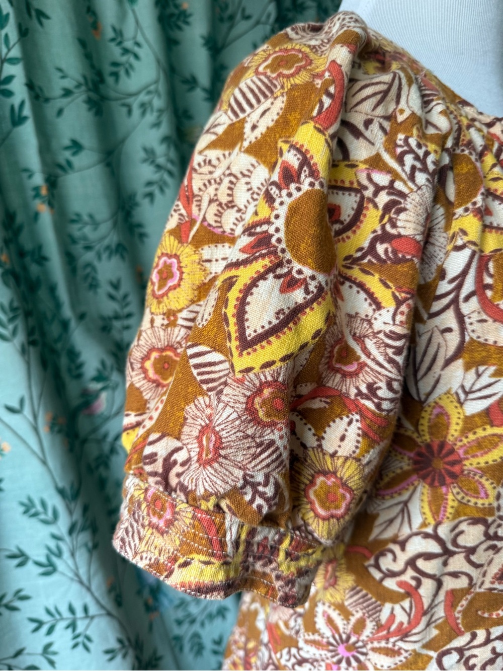 Anthropologie Floral Tiered V-Neck Mini Dress in Rust and Yellow - Picture 6 of 9
